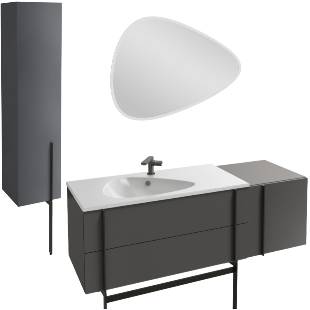 Meuble de salle de bain 145 cm Nouvelle Vague gris brillant + tiroir rack + colonne version gauche + miroir + pied