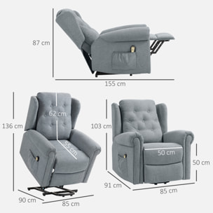 Sillón Relax Reclinable Eléctrico Levanta Personas Sillón Elevador con Respaldo Alto Capitoné Control Remoto Tapizado en Lino y Bolsillos Laterales Gris