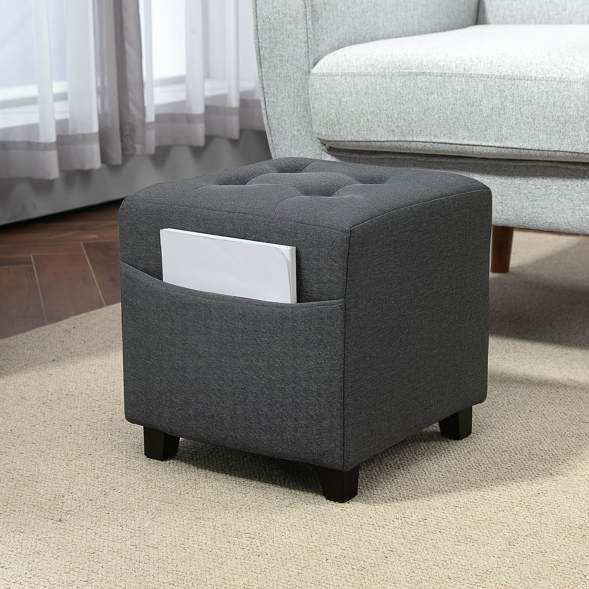 Reposapiés de Salón Taburete Bajo Tapizado en Lino Otomana Cuadrada con Bolsillo Lateral Tapa con Botones Acolchados y Marco de Madera para Sala de Estar Dormitorio Gris