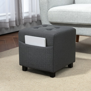 Reposapiés de Salón Taburete Bajo Tapizado en Lino Otomana Cuadrada con Bolsillo Lateral Tapa con Botones Acolchados y Marco de Madera para Sala de Estar Dormitorio Gris