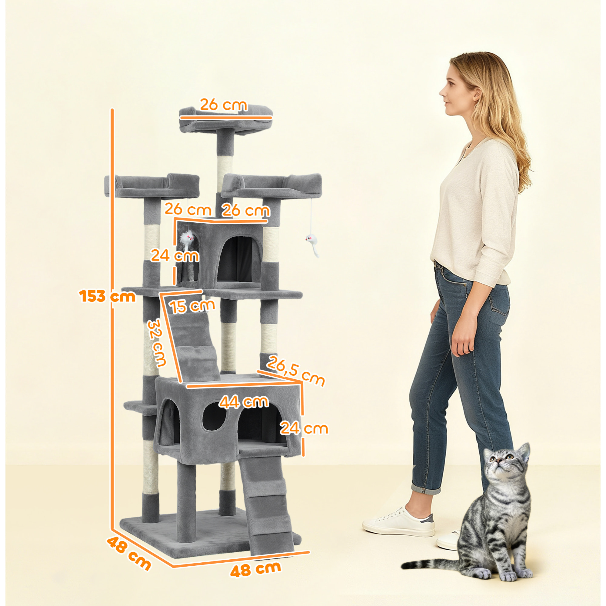 Árbol Rascador para Gatos, Árbol para Gatos 153 cm, Torre Escalador con 2 Cuevas, 3 Camas, 2 Rampas, Postes de Sisal, 2 Ratones Colgantes, Gris
