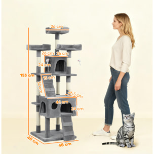 Árbol Rascador para Gatos, Árbol para Gatos 153 cm, Torre Escalador con 2 Cuevas, 3 Camas, 2 Rampas, Postes de Sisal, 2 Ratones Colgantes, Gris