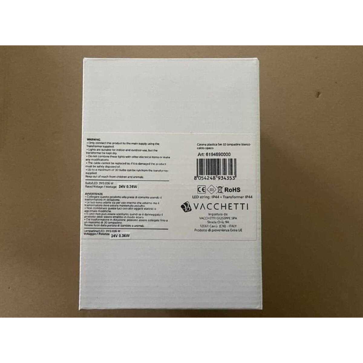 Catena in plastica da 5m con 10 lampadine a luce bianco caldo opaco