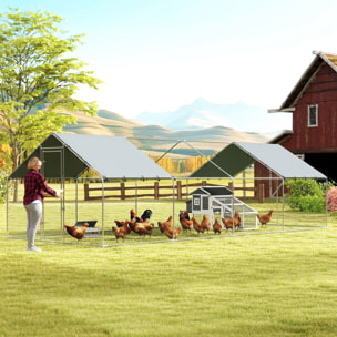 Gallinero para Exterior Grande, 6,8x3x1,9 m, Gallinero de Acero Galvanizado, Puerta con Doble Cierre, Cubierta Tela Oxford, Anti-UV e Impermeable, Diseño Accesible, para 20-30 Gallinas, Plata