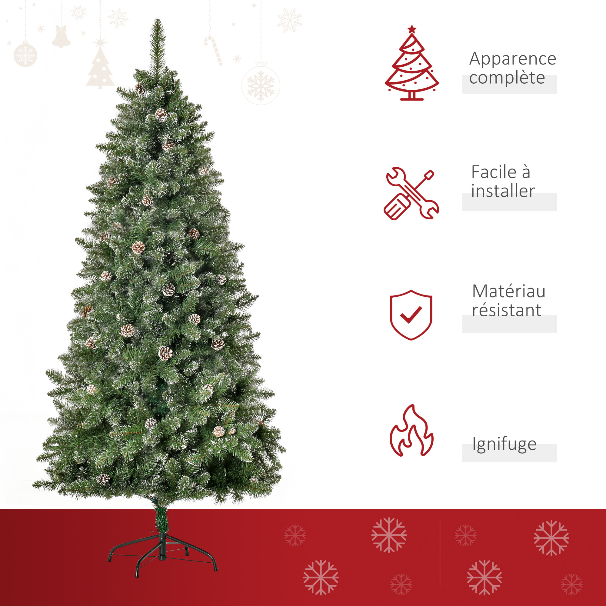 Sapin de Noël artificiel aspect enneigé Ø 86 x 180H cm 50 pommes de pin 718 branches épines imitation Nordmann grand réalisme