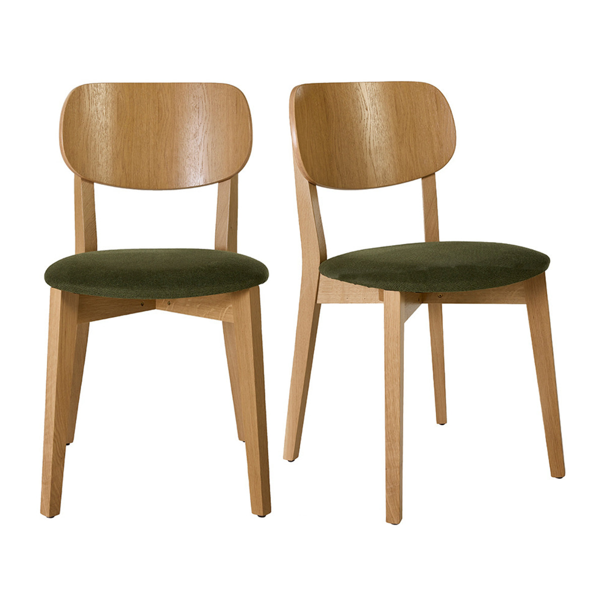 Chaises vintage en bois clair chêne et tissu effet velours texturé vert kaki (lot de 2) LUCIA