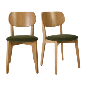 Chaises vintage en bois clair chêne et tissu effet velours texturé vert kaki (lot de 2) LUCIA