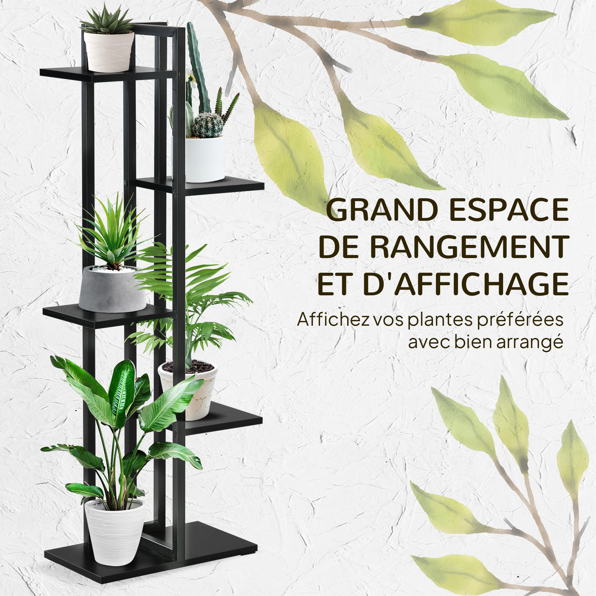 Étagère à fleurs piedestal 5 niveaux - cadre en acier - 40 x 22 x 113 cm - noir