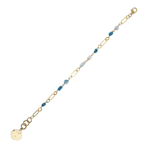 Bracciale Catena Martellata con Perle Bianche Pietre Naturali Blu e Pendente Disco