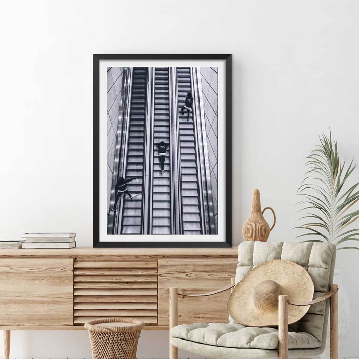 Affiche noir et blanc clic clac escalators Affiche + cadre en bois - Noir