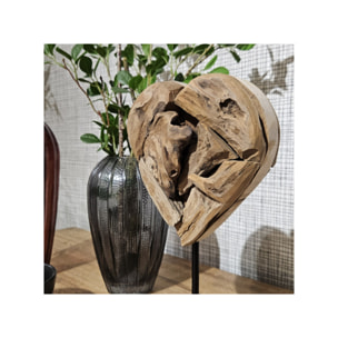 Sculpture artisanale cœur bois de teck massif, H 28 cm, socle métal noir - BAKOU
