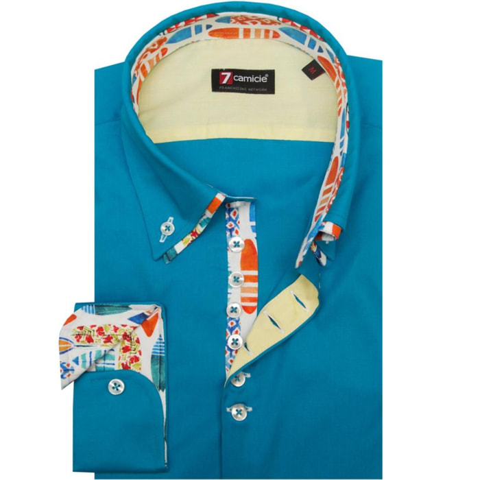 Camicia Uomo 1 Bottone Button Down Doppio Collo Piccolo Slim Popeline Stretch Unito Turchese