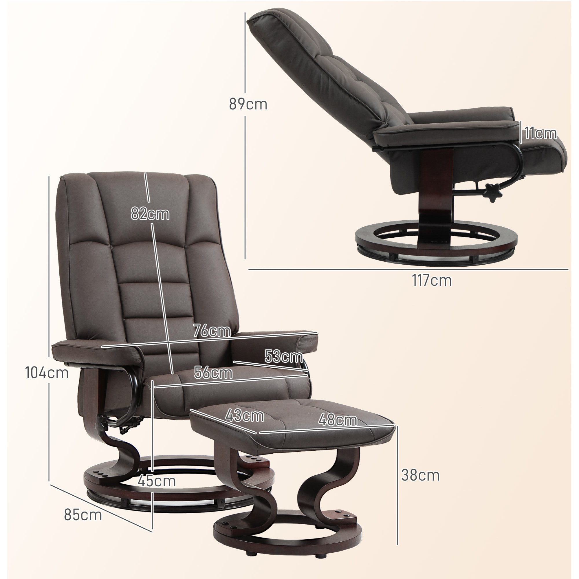 Fauteuil relax inclinable pivotant réglable avec repose-pied bois revêtement synthétique chocolat