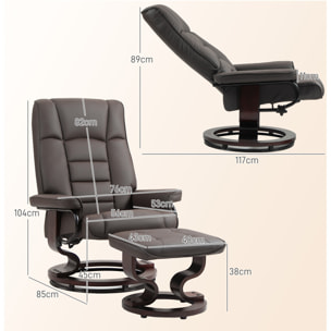 Fauteuil relax inclinable pivotant réglable avec repose-pied bois revêtement synthétique chocolat