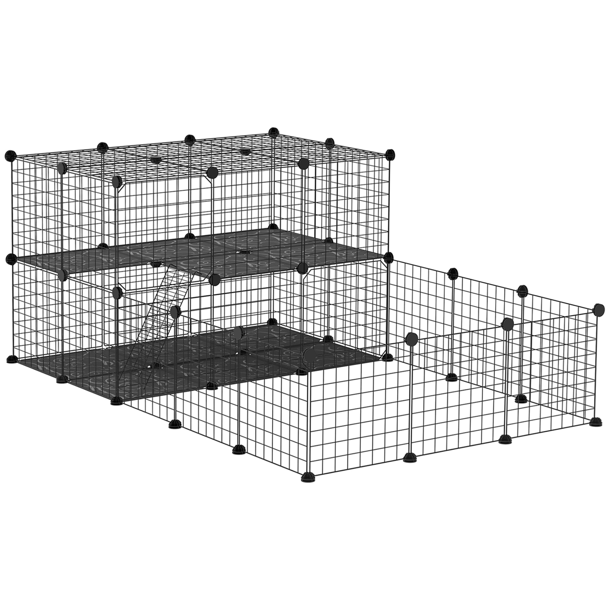 Cage parc enclos rongeurs modulable dim. L 175 x l 105 x H 70 cm 2 niveaux 2 portes rampe résine PP fil métallique noir