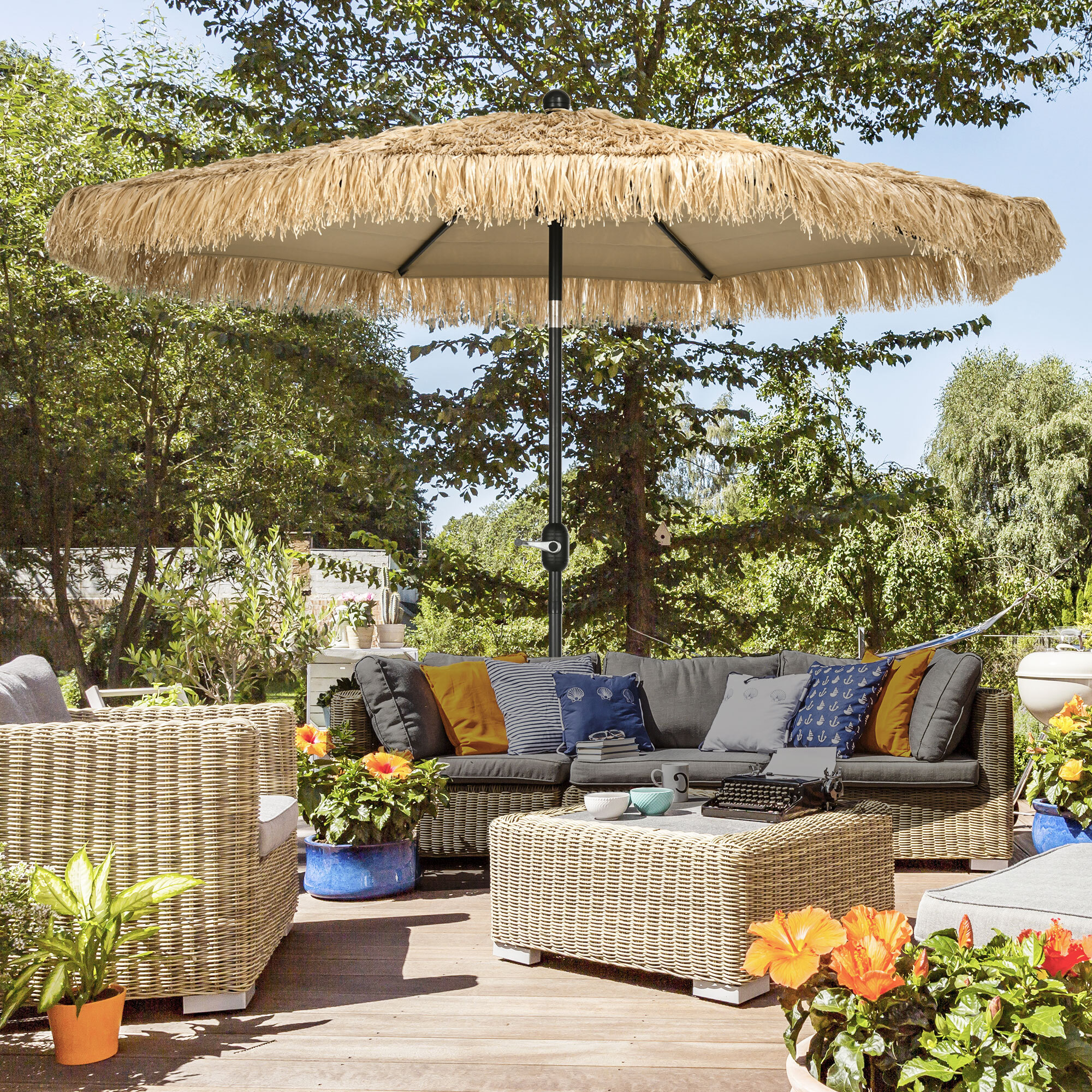 Parasol de jardin inclinable design Hawaï 265 cm raphia artificiel kaki