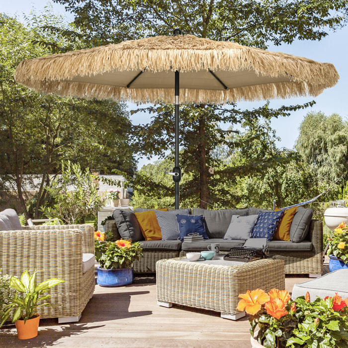 Parasol de jardin inclinable design Hawaï 265 cm raphia artificiel kaki