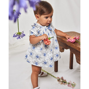 VESTIDO FLOR AZUL CUERPO GOMITAS Y LAZO VICHY