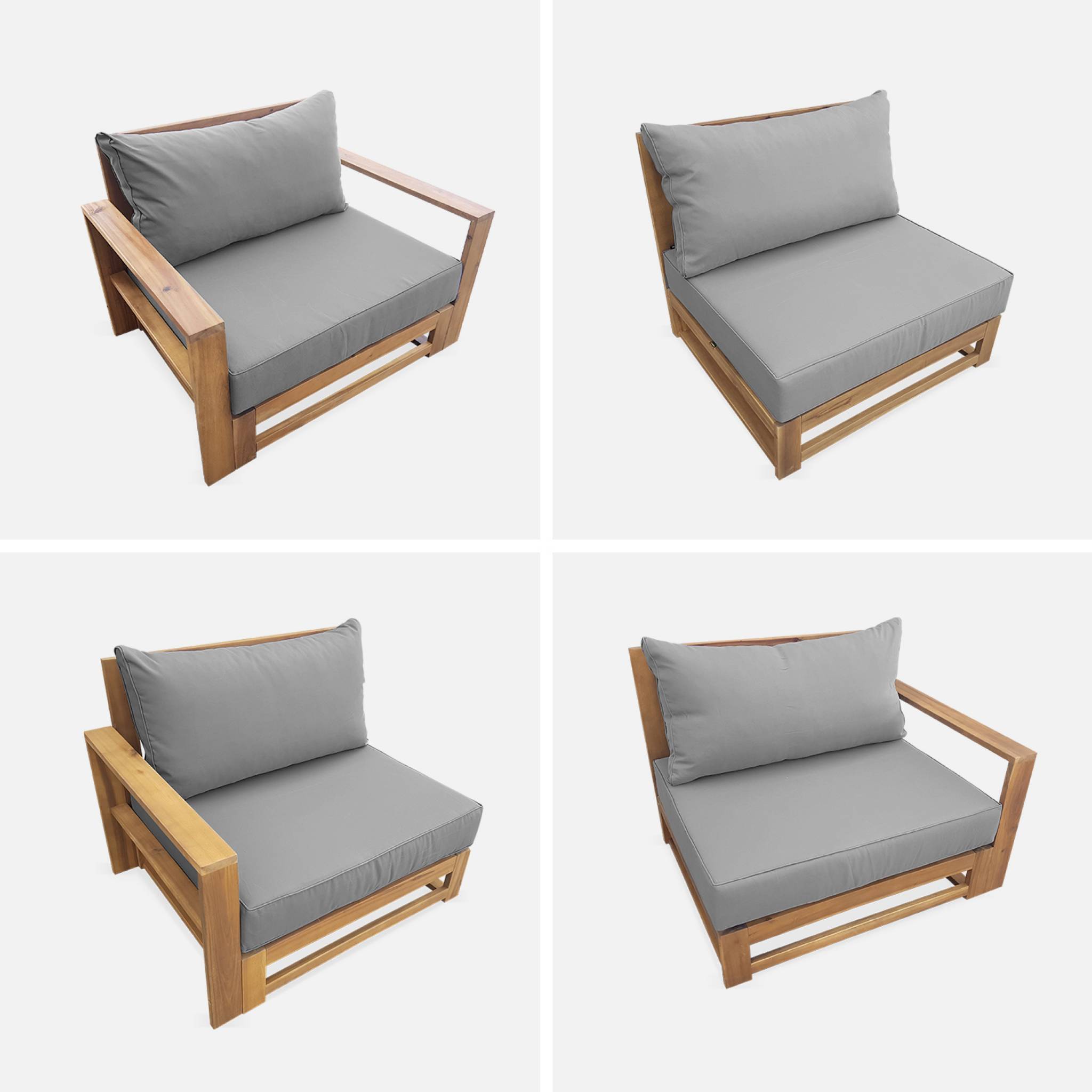 Salon de jardin en bois 5 places - Mendoza - Coussins gris. canapé. fauteuils et table basse en acacia. 6 éléments modulables. design