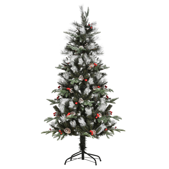 HOMCOM Árbol de Navidad Artificial 150 cm con 440 Ramas 39 Piñas y 39 Bayas Hojas de PVC PE Base Plegable y Soporte Metálico Decoración Navideña para Interiores Verde