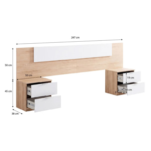 Cabecero para cama de 135-150 cm y 2 mesitas con cajones en roble canadian y blanco artik Akari Roble Canadian - Blanco Artik (Blanco Mate)
