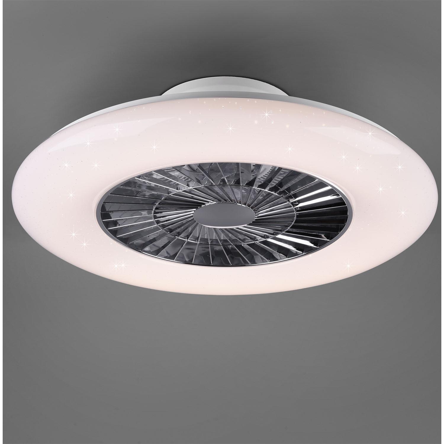 Visby - Ventilatore e plafoniera LED Ø60 cm con diffusore satinato, telecomando, dimmer, timer, luce notturna ed effetto stelle