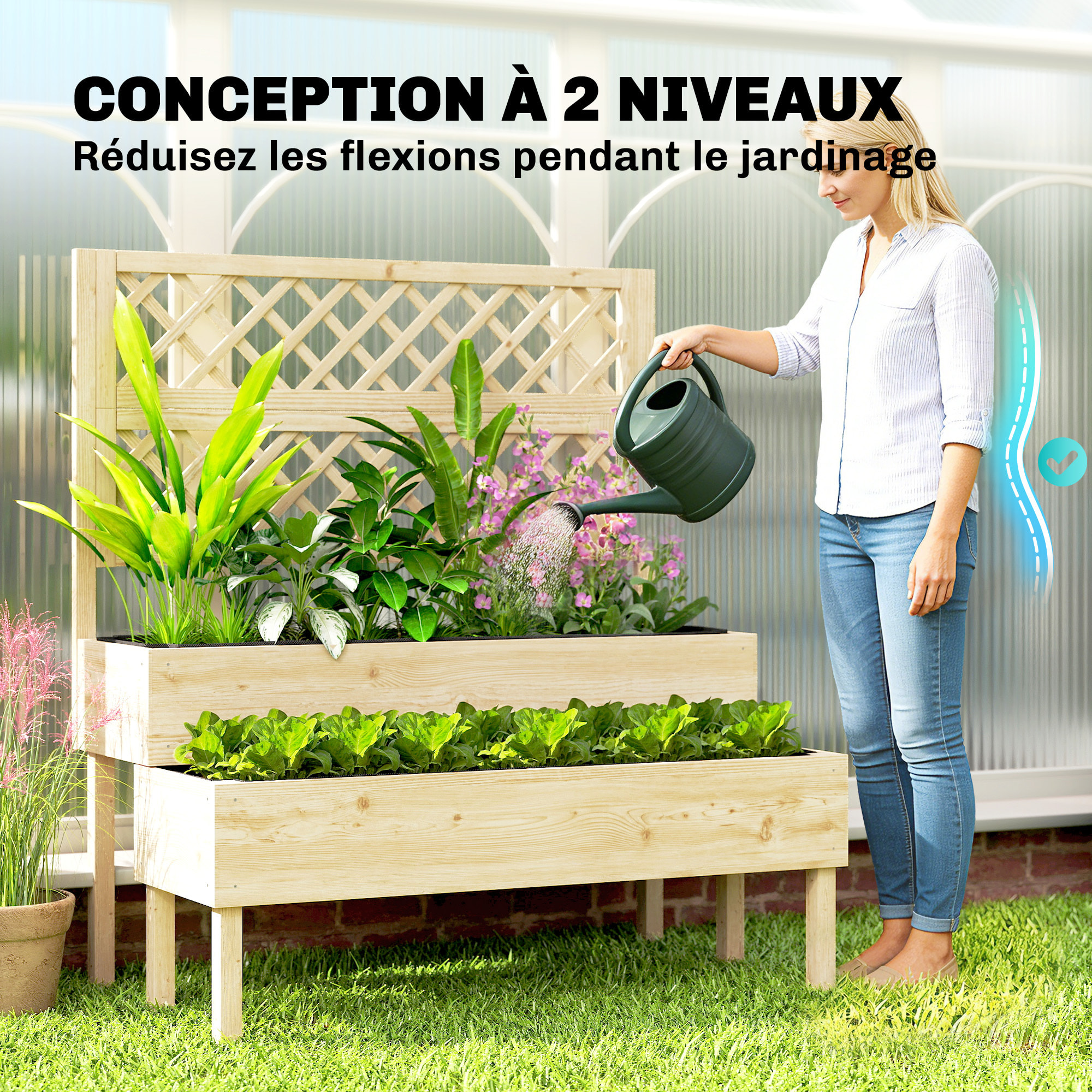 Jardinière sur pieds 2 niveaux en escalier avec treillis - 108 x 62 x 120 cm - bois pré-huilé