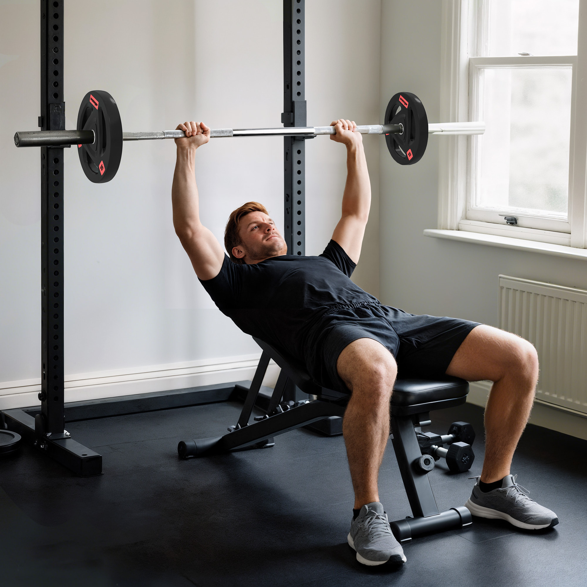 Discos Pesas Olímpicos 15 kg, Agujero Ø50 mm, de Hierro Fundido, Recubierta de Goma, 2 Placas de Pesas con Triple Agarre, para Mancuernas y Barras, Entrenamiento en Casa, Gimnasio, Negro