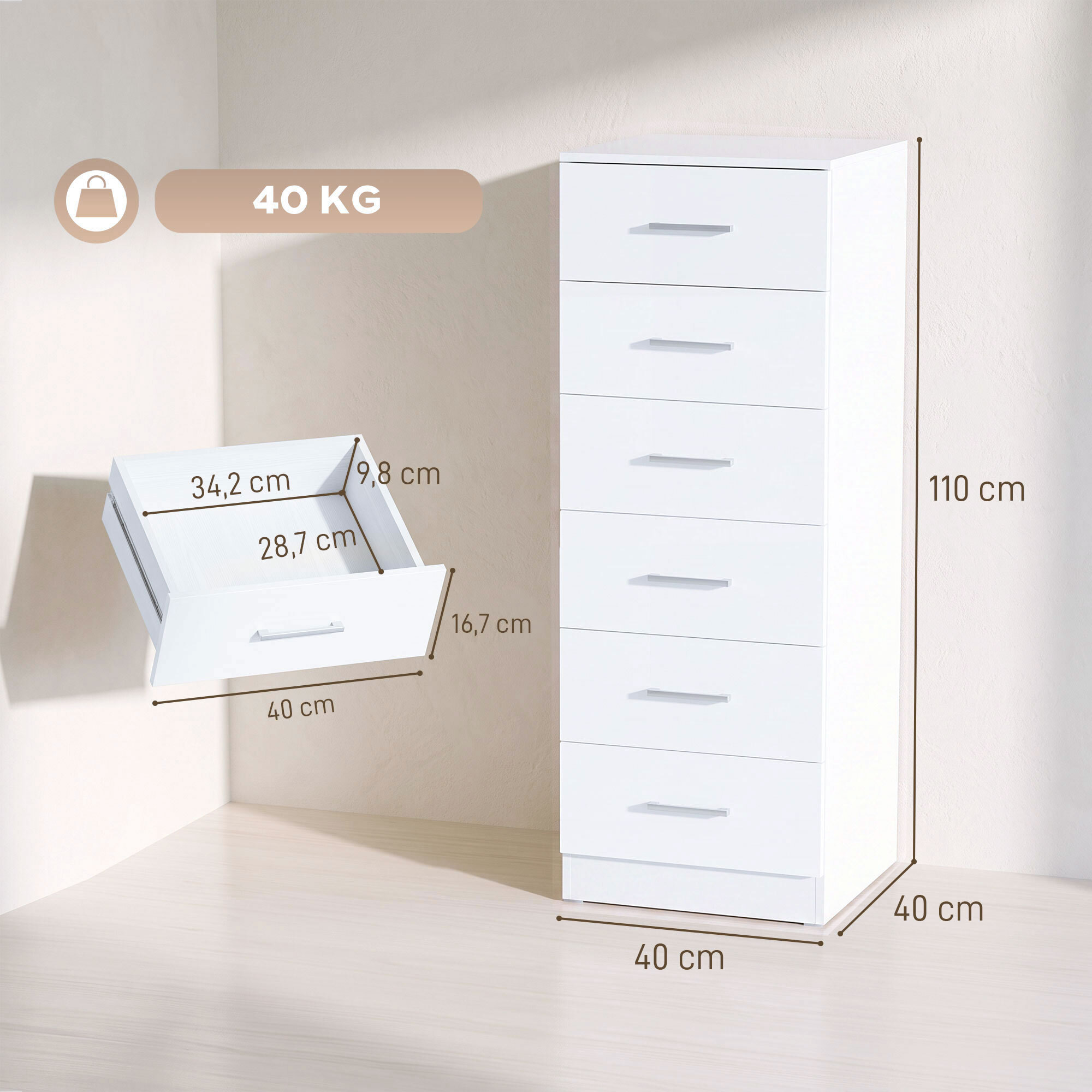 Cómoda de 6 Cajones, Cajonera para Dormitorio Alta y Estrecha, Sinfonier para Salón, Vestidor, Entrada, 40x40x110 cm, Blanco