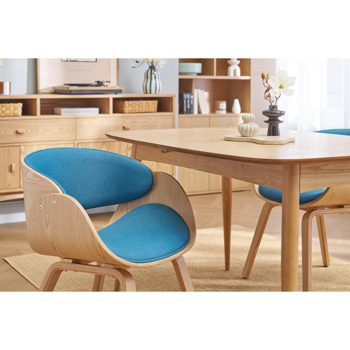 Chaise design en tissu bleu canard et bois clair BENT