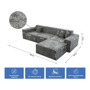 Canapé droit modulable avec ottoman en tissu texturé "Lusso" - 4 places - Gris