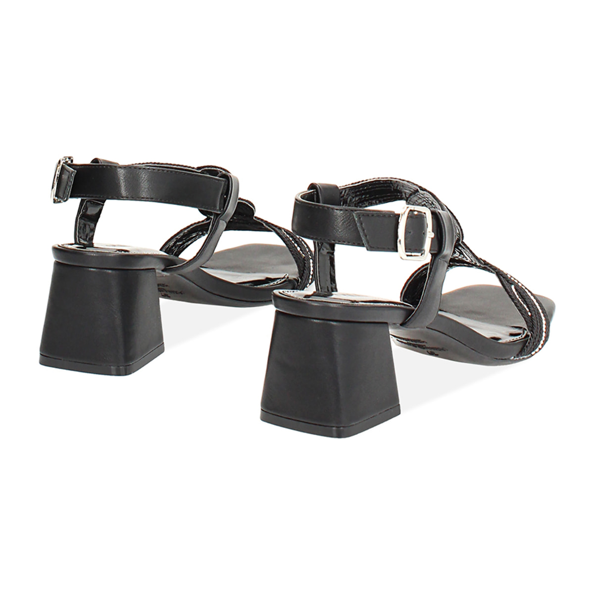 Sandalo donna nero in tessuto, tacco largo 5,5 cm