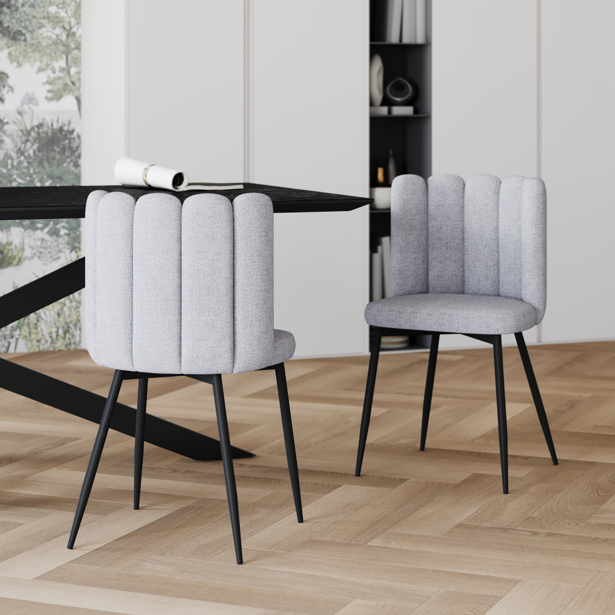 Lot de 2 chaises en tissu gris et pieds en métal noir - Rosy