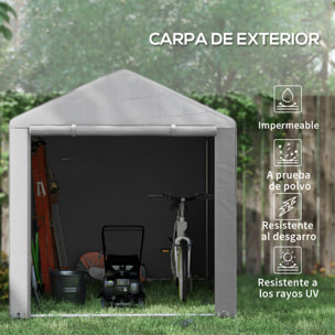 Carpa de Jardín Exterior para Herramientas Bicicletas 1,6x2,2x1,7 m, Cobertizo Exterior con 2 Habitaciones, Puerta Enrollable con Cremallera, Impermeable Anti-UV, Garaje Portátil, Gris Claro