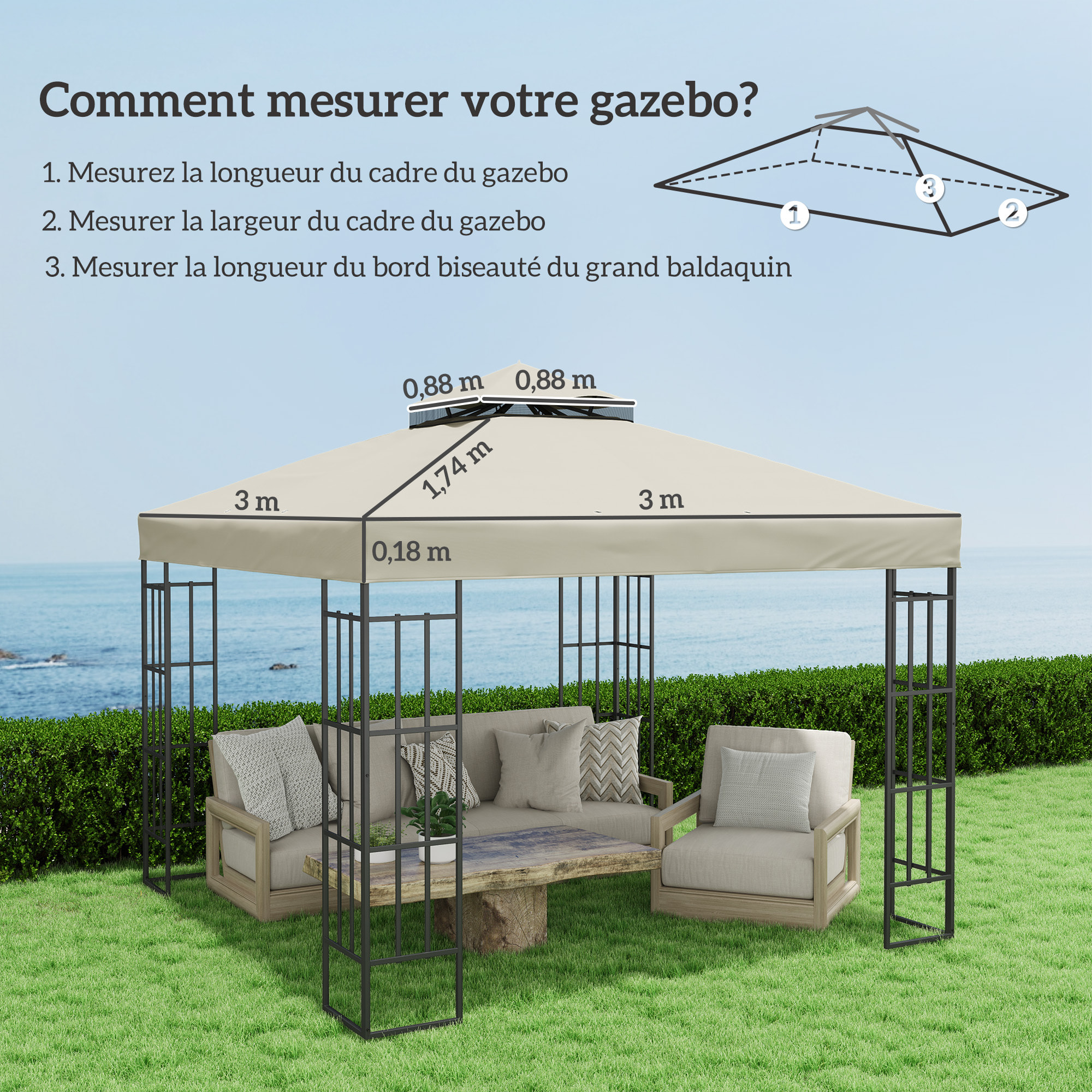 Toile de rechange barnum tonnelle 3 x 3 m - toit double avec œillets drainage - polyester haute densité 370 g/m² beige