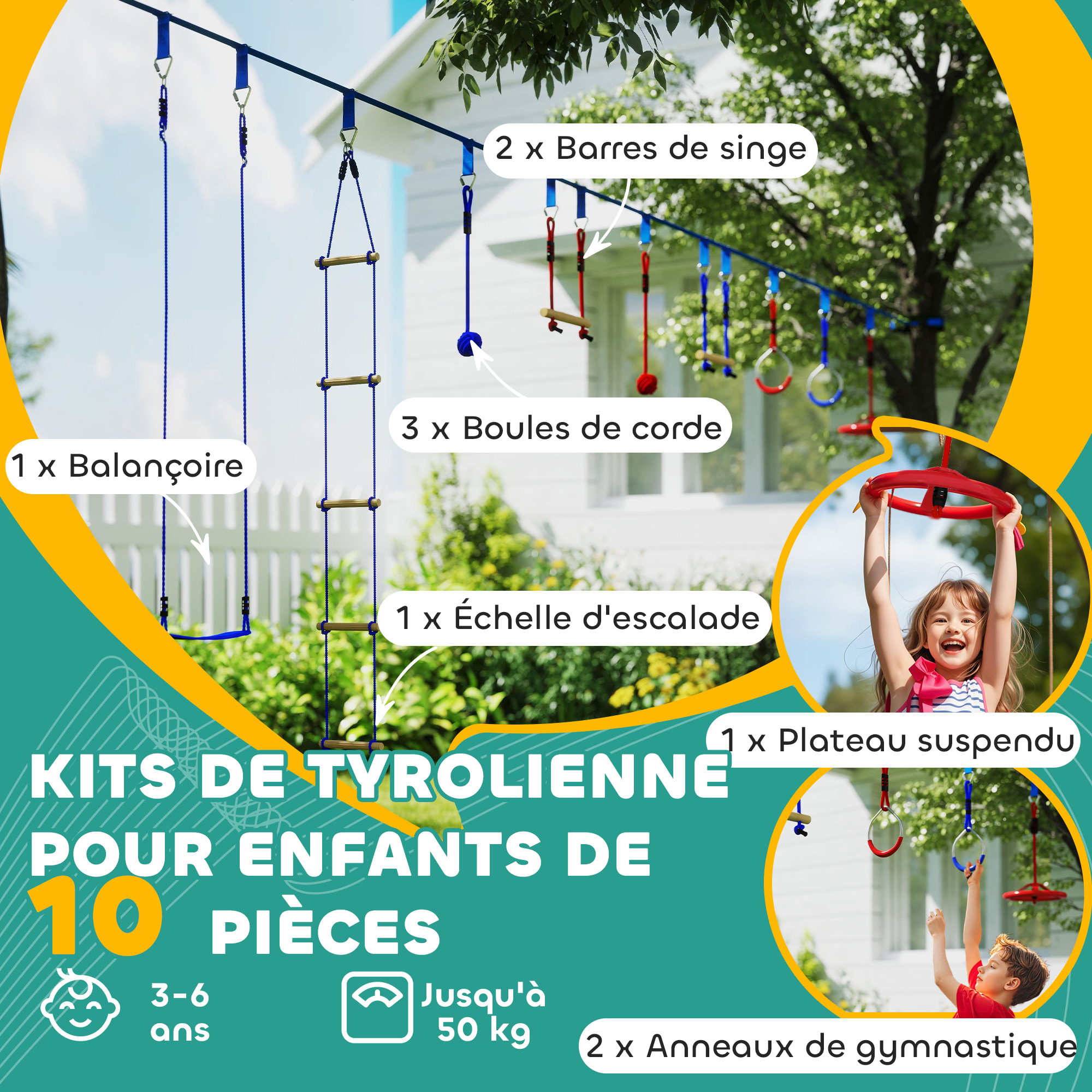 Parcours d'obstacles ninja enfant 10m 10 accessoires max. 50Kg - slackline, sac transport - rouge bleu