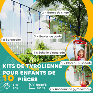 Parcours d'obstacles ninja enfant 10m 10 accessoires max. 50Kg - slackline, sac transport - rouge bleu