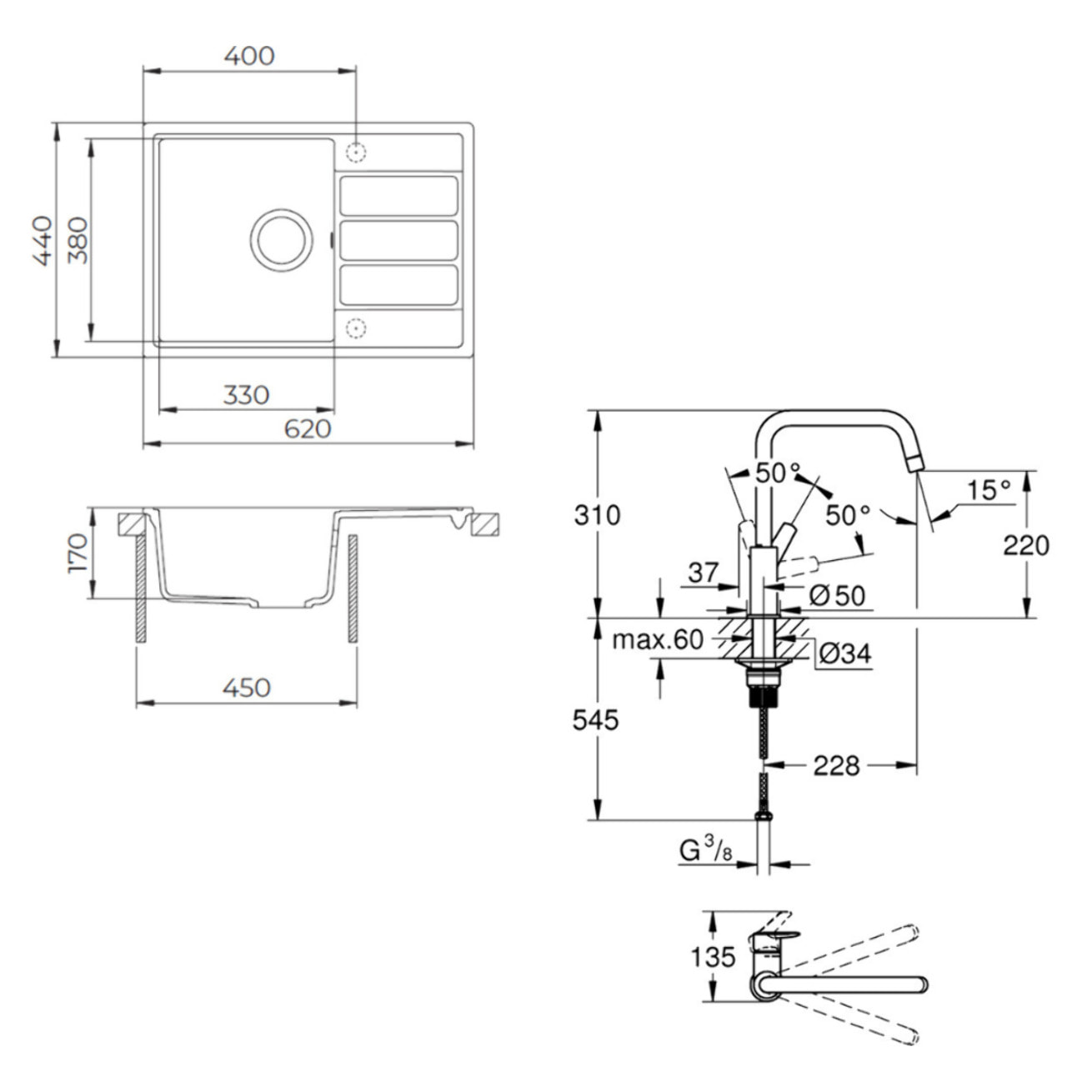 62x44 cm évier avec égouttoir réversible en Granite, à encastrer, blanc + mitigeur lavabo/cuisine Grohe Start (SATSE2WG3047)