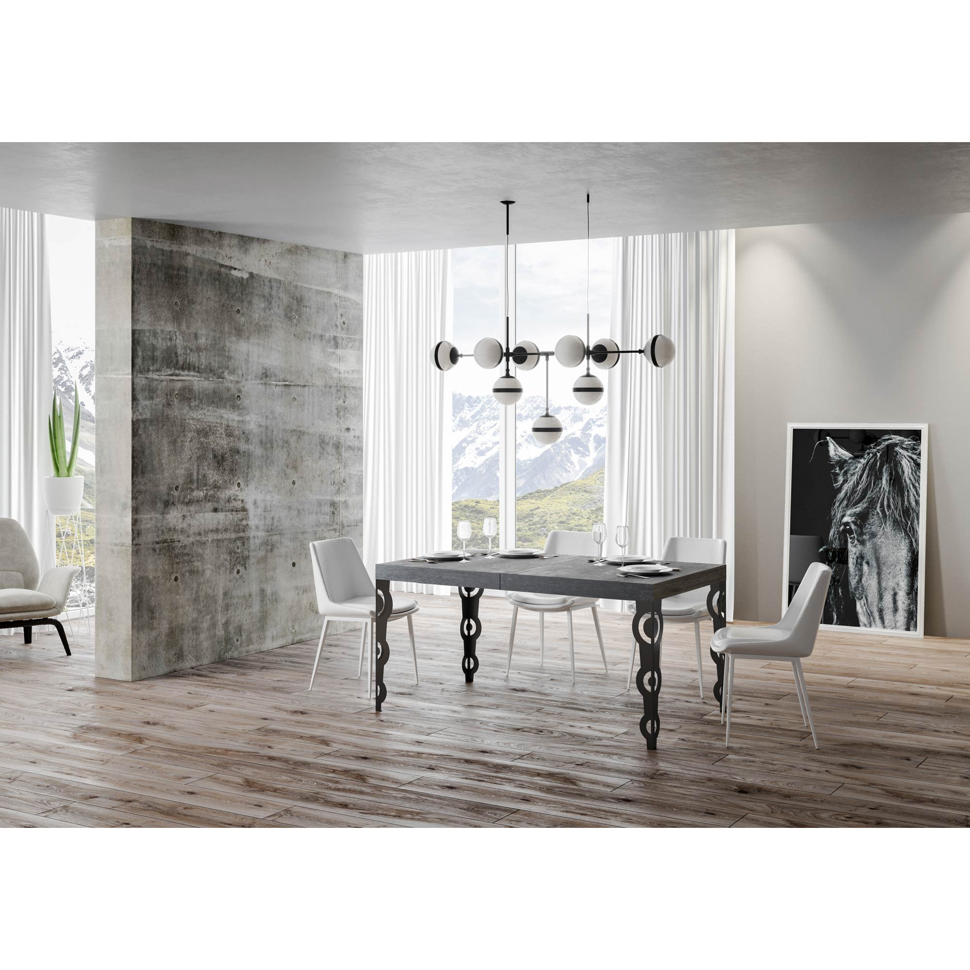 Table extensible 90x160/420 cm Karamay Gris Béton cadre Anthracite