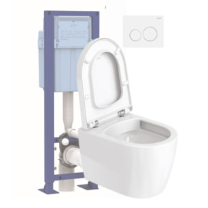 Pack WC suspendu compact sans bride DURAVIT Me by Starck abattant frein de chute + bati support SIAMP + Plaque de commande blanche