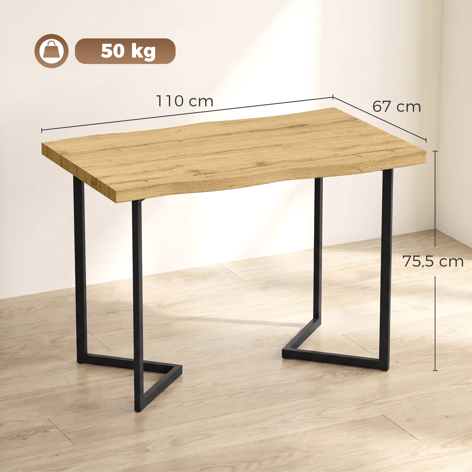 Mesa de Comedor, Mesa de Cocina para 2 Personas con Tablero Grueso, Patas Metálicas, Estilo Moderno, para Sala de Estar, 110x67x75,5 cm, Roble