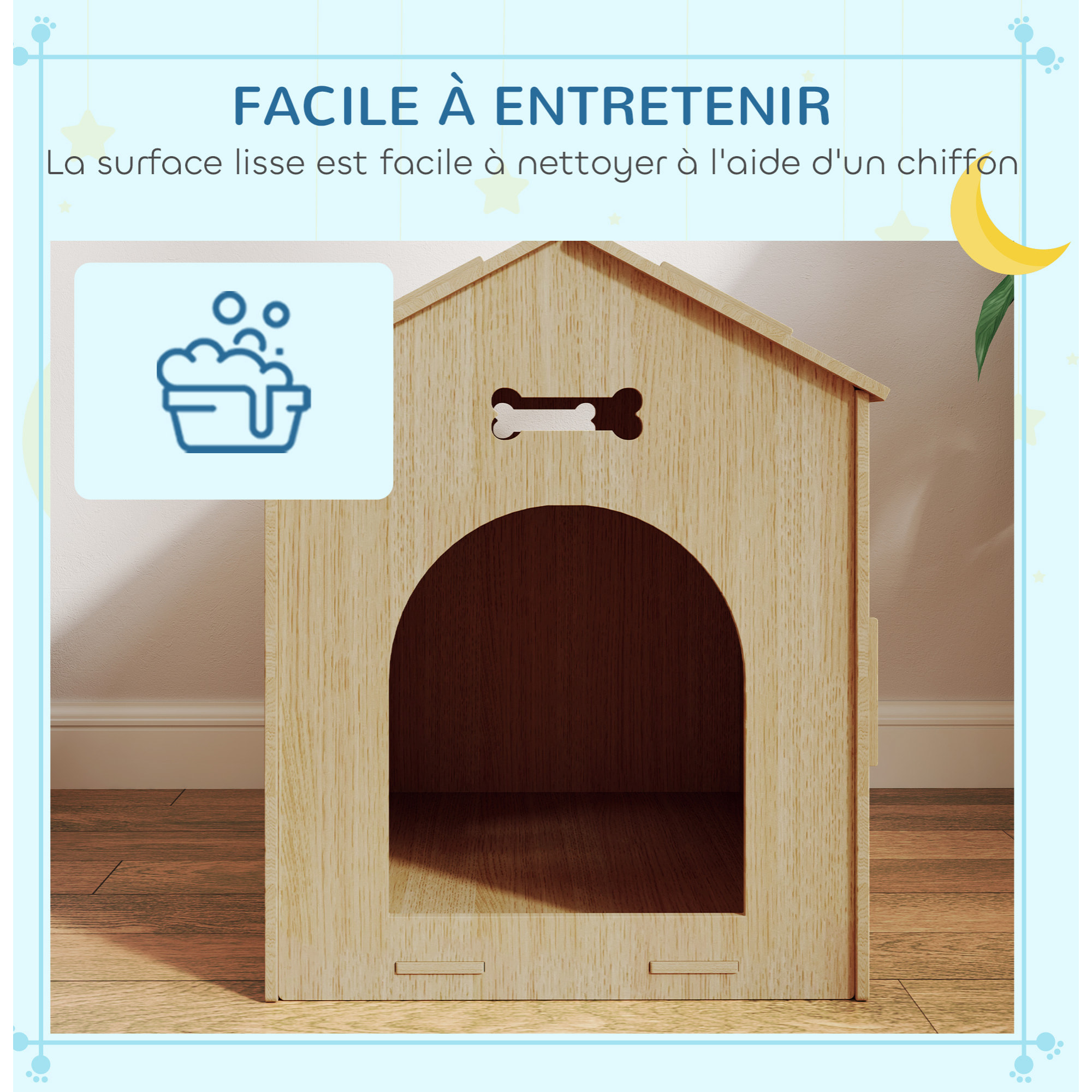 Niche intérieure en kit motif os - niche en bois intérieur - pour petits chiens - grande entrée, fenêtre - effet bois noir