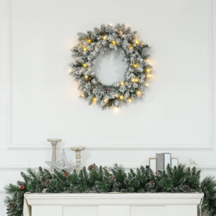 Couronne de Noël artificielle LED 60 cm - pommes de pin, baies rouges, 50 LED blanc - effet enneigé