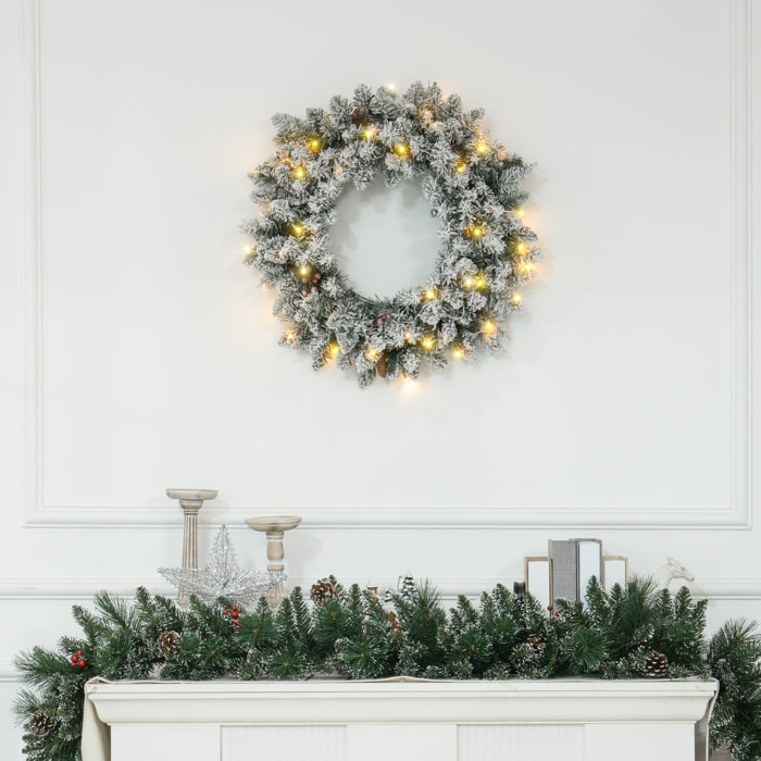 Couronne de Noël artificielle LED 60 cm - pommes de pin, baies rouges, 50 LED blanc - effet enneigé