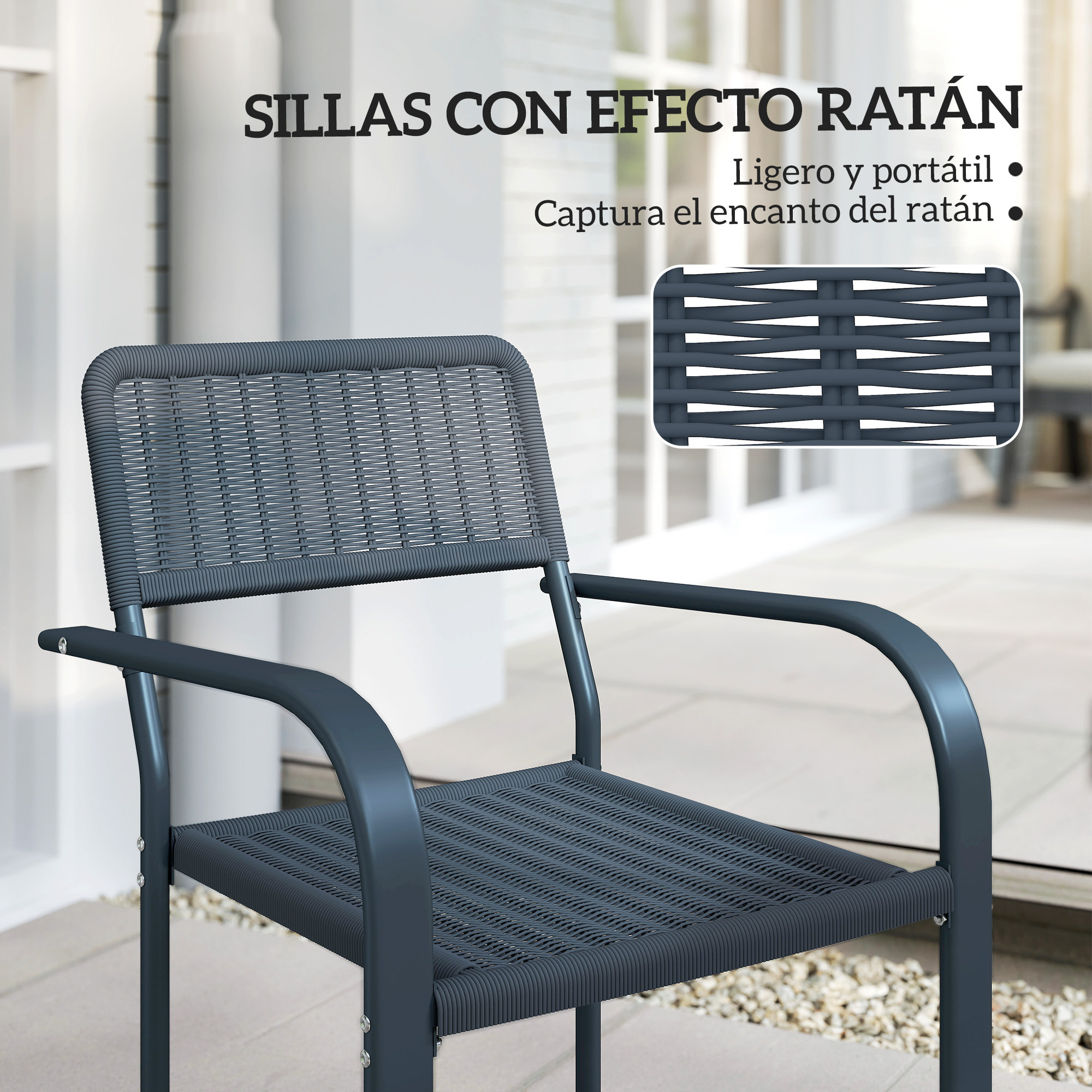 Juego de 4 Sillas de Jardín Exterior Apilables, Sillas de Comedor Exterior Efecto Ratán, con Reposabrazos, Marco de Acero, Resistente a la Intemperie y Ligero, 55x60x83 cm, Gris Oscuro