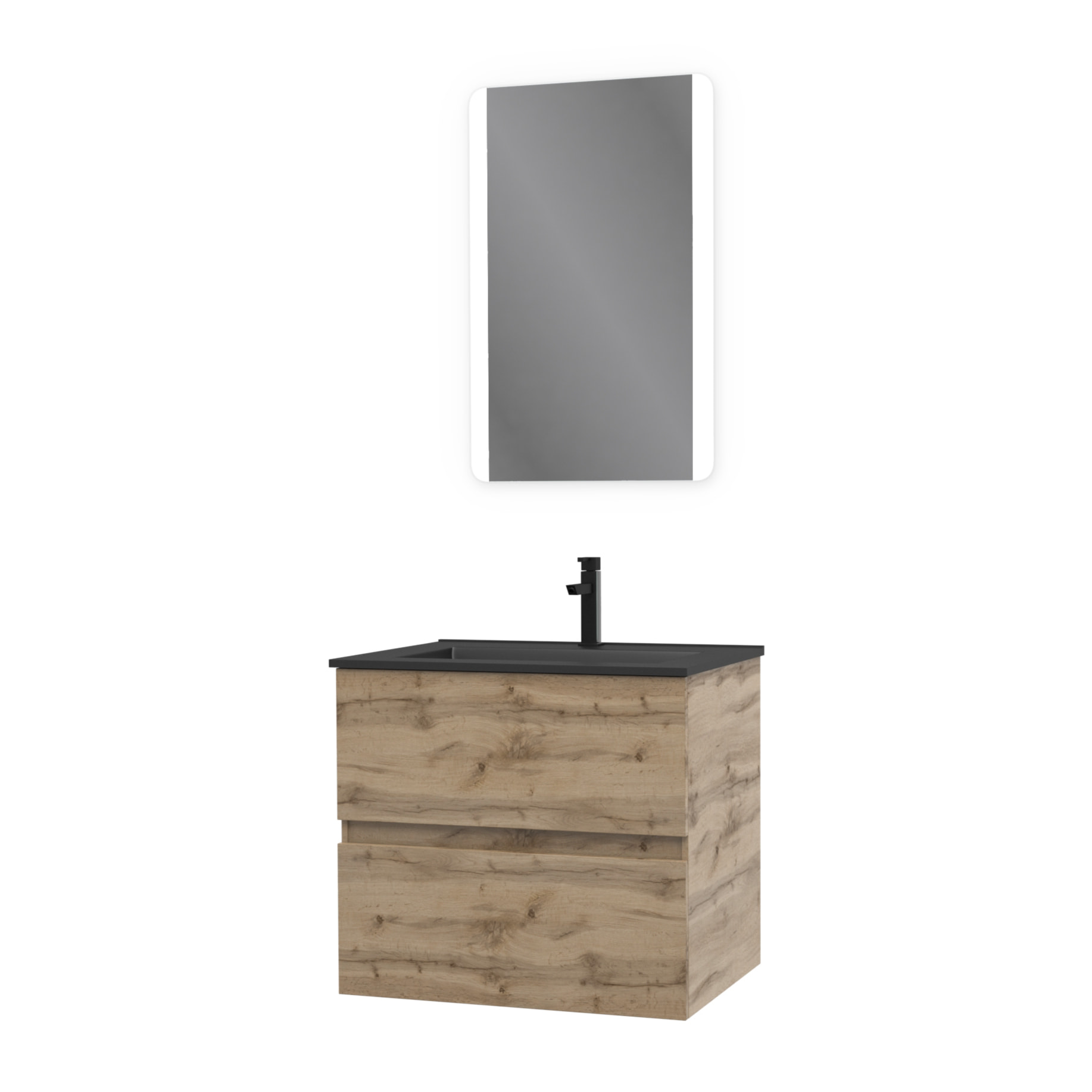 Meuble salle de bain 60x54 - Finition chene naturel + vasque noire + miroir Led - TIMBER 60 - Pack08