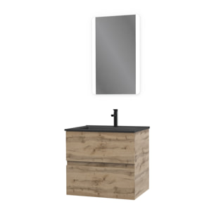 Meuble salle de bain 60x54 - Finition chene naturel + vasque noire + miroir Led - TIMBER 60 - Pack08