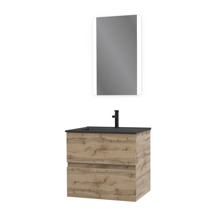 Meuble salle de bain 60x54 - Finition chene naturel + vasque noire + miroir Led - TIMBER 60 - Pack08