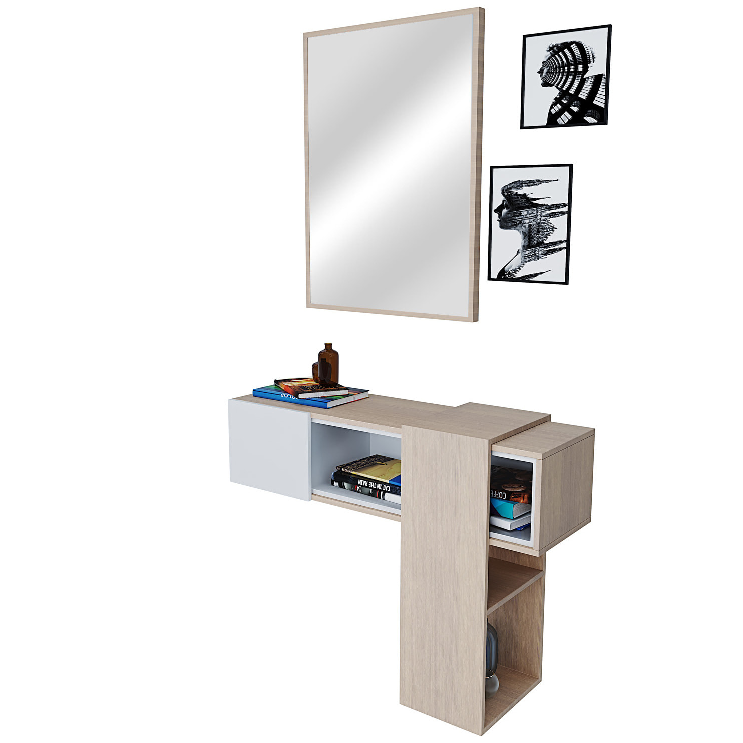 Mobile Danzica Mobiletto da Ingresso Mensola Sospesa con Specchio E Ripiani Scorrevole Arredo Arredamento Sala 100 x 31.5 x 75 cm Bianco e Rovere