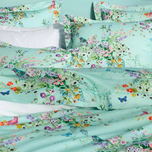 Drap plat satin de coton 115 g/m² imprimé bleu vert Le printemps azur